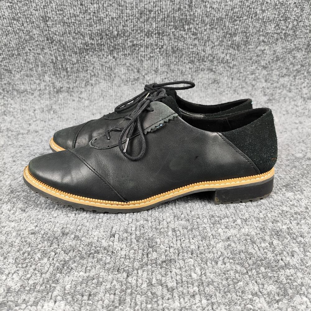 TOMS Shoes Womens Size 8.5 Black Leather Lace Up Oxford Flats Comfort Dress